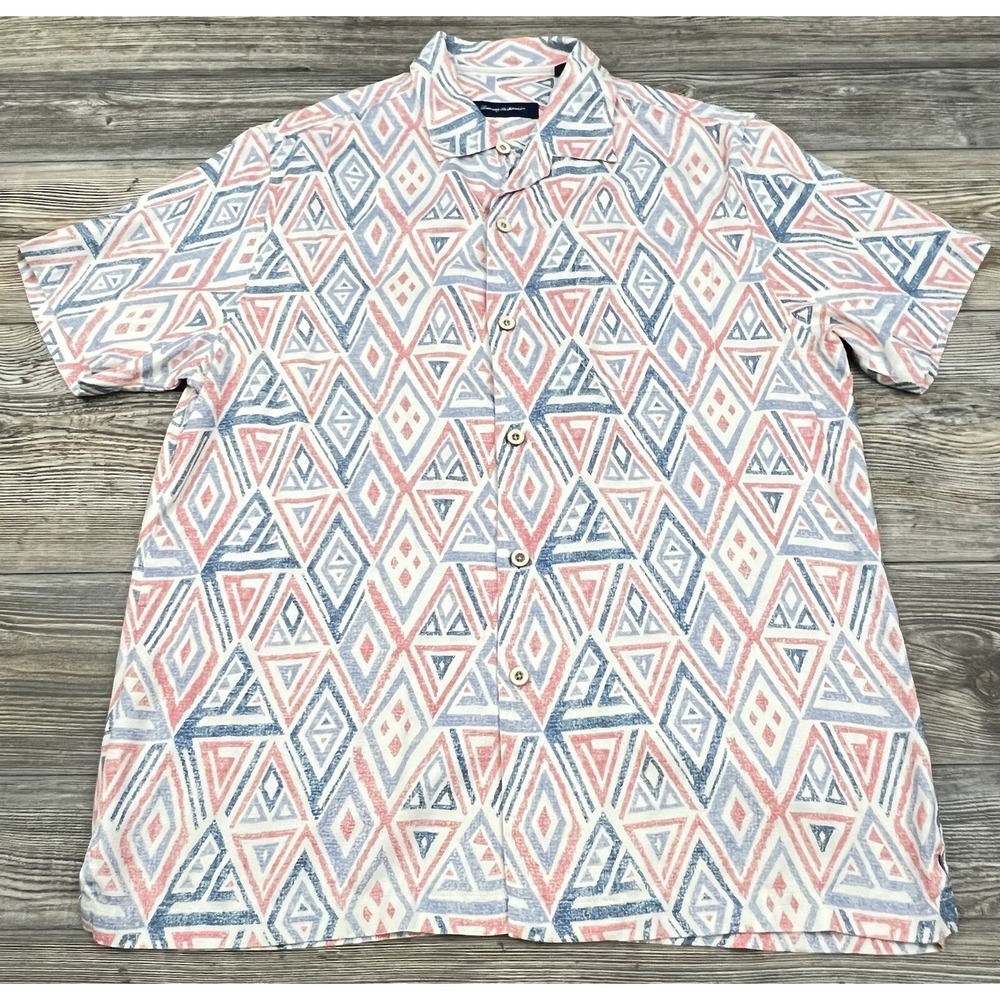 Tommy Bahama Men's Large Shirt Short Sleeve Button-Front Silk Blend Geometric